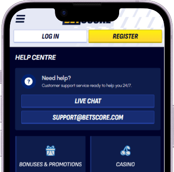 Centro Assistenza di BetScore su smartphone con la chat live aperta